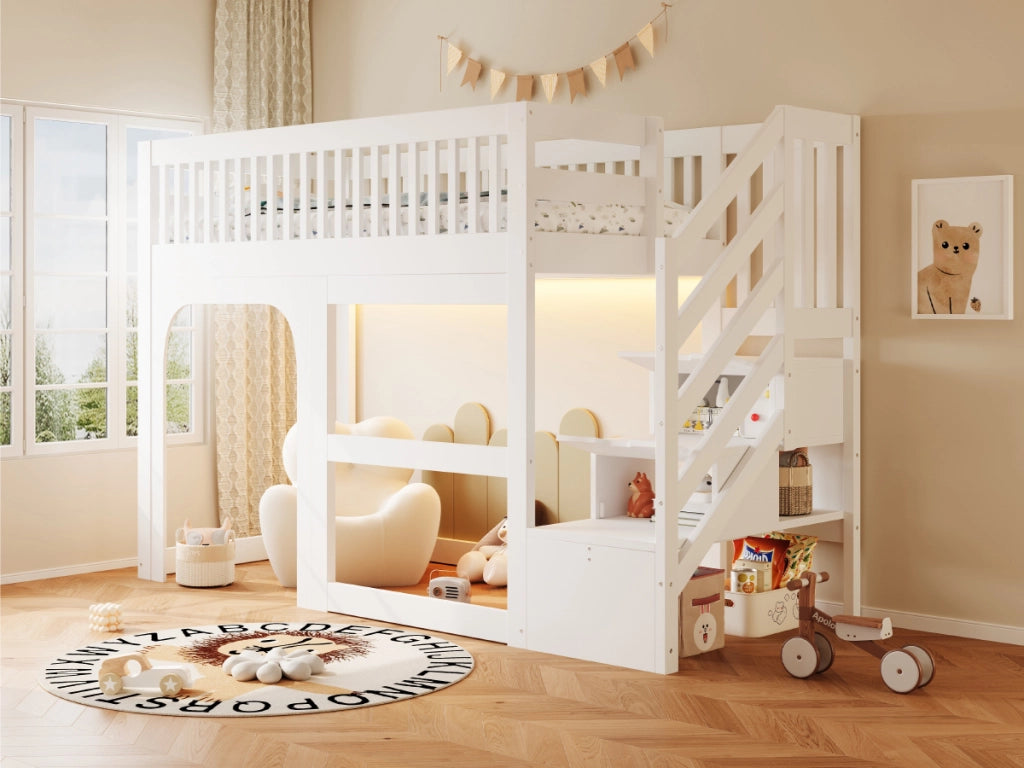 Letto a soppalco per bambini 90 × 200 cm con scala contenitore, LED, spazio aperto e senza materasso, bianco