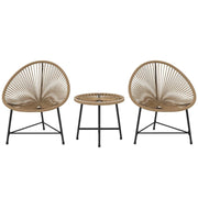 SET DA GIARDINO 3 PEZZI IN RATTAN PE E ACCIAIO CON 2 SEDIE OVALI E TAVOLINO DA CAFFÉ NERO E COLOR LEGNO