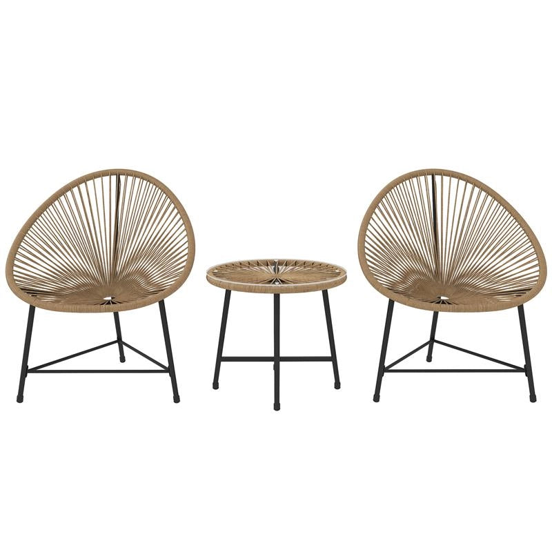 SET DA GIARDINO 3 PEZZI IN RATTAN PE E ACCIAIO CON 2 SEDIE OVALI E TAVOLINO DA CAFFÉ NERO E COLOR LEGNO