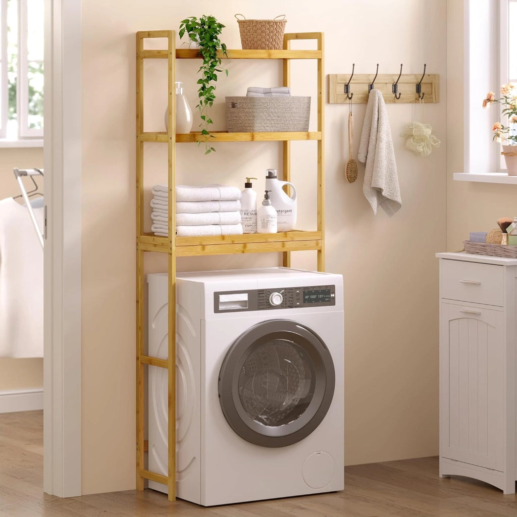 Scaffale in Bambù a 3 Livelli, Scaffale sopra WC, Mobile sopra Lavatrice, per Bagno, Lavanderia, 63,5x26x163 cm, in Bambù Naturale