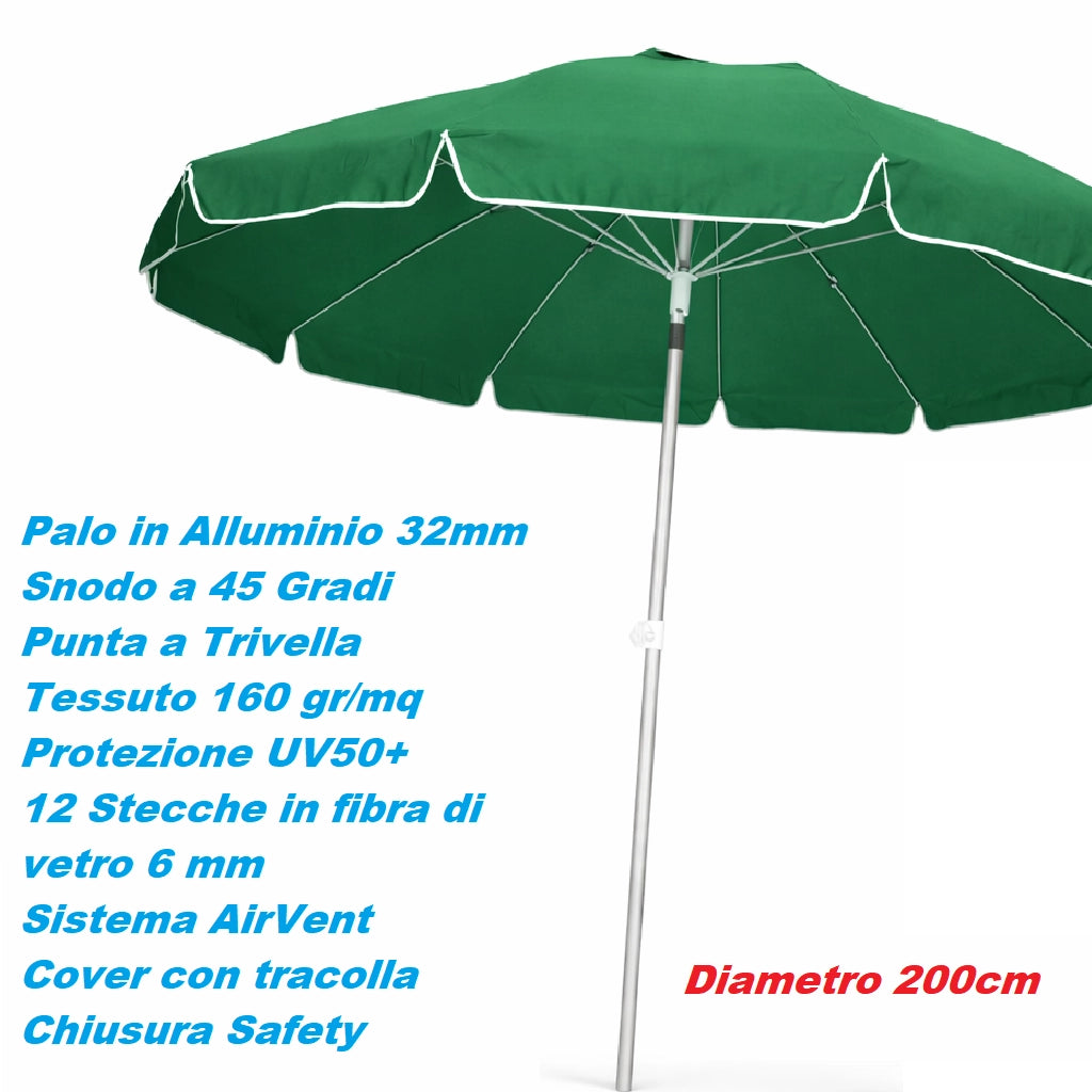 Ombrellone Mare Spiaggia 200 cm 12 Stecche Antivento Alluminio UV50+ Inclinabile Custodia
