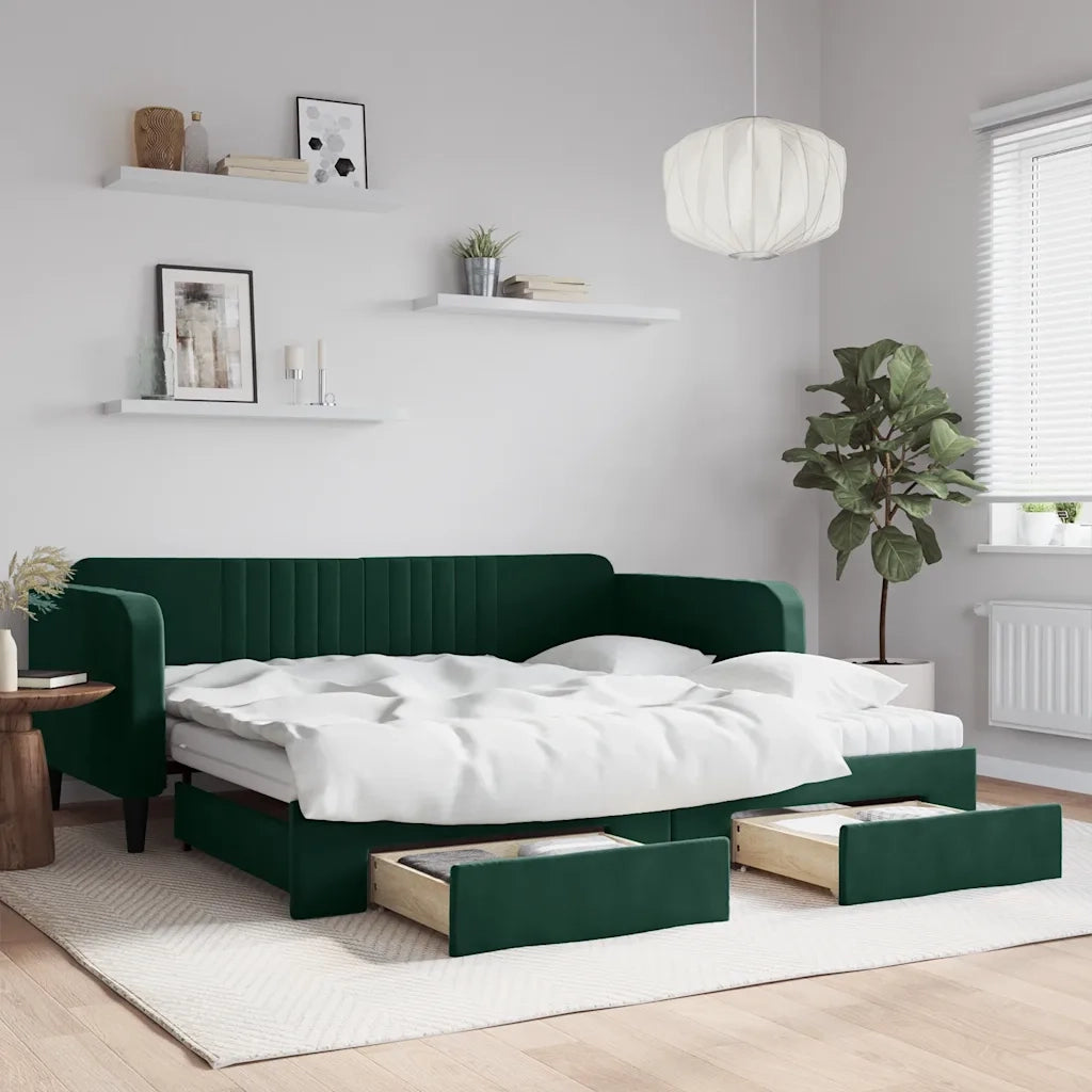 Divano Letto Estraibile Cassetti Verde Scuro 100x200cm Velluto 3197144
