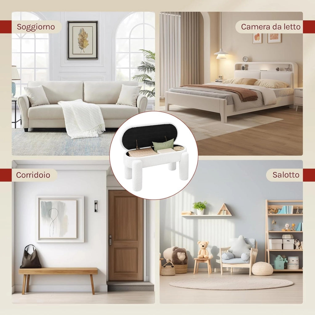 Panca Contenitore, Panca Imbottita in Tessuto Teddy, 114x47x53 cm, Poggiapiedi Divano, per Camera da Letto, Soggiorno, Ingresso, Portata 250 kg, Moderno, Bianco