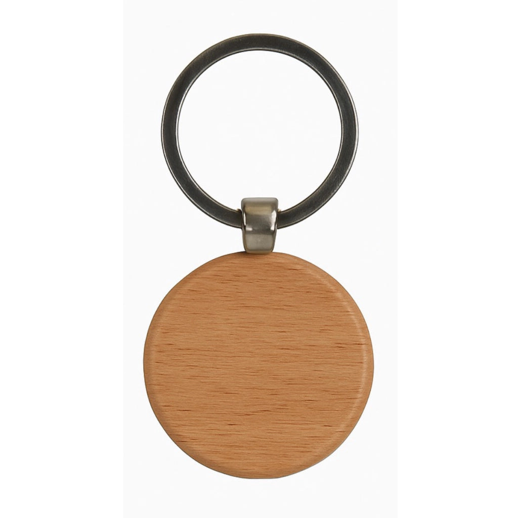 Portachiavi rotondo personalizzato in legno con logo geometrico blu scuro