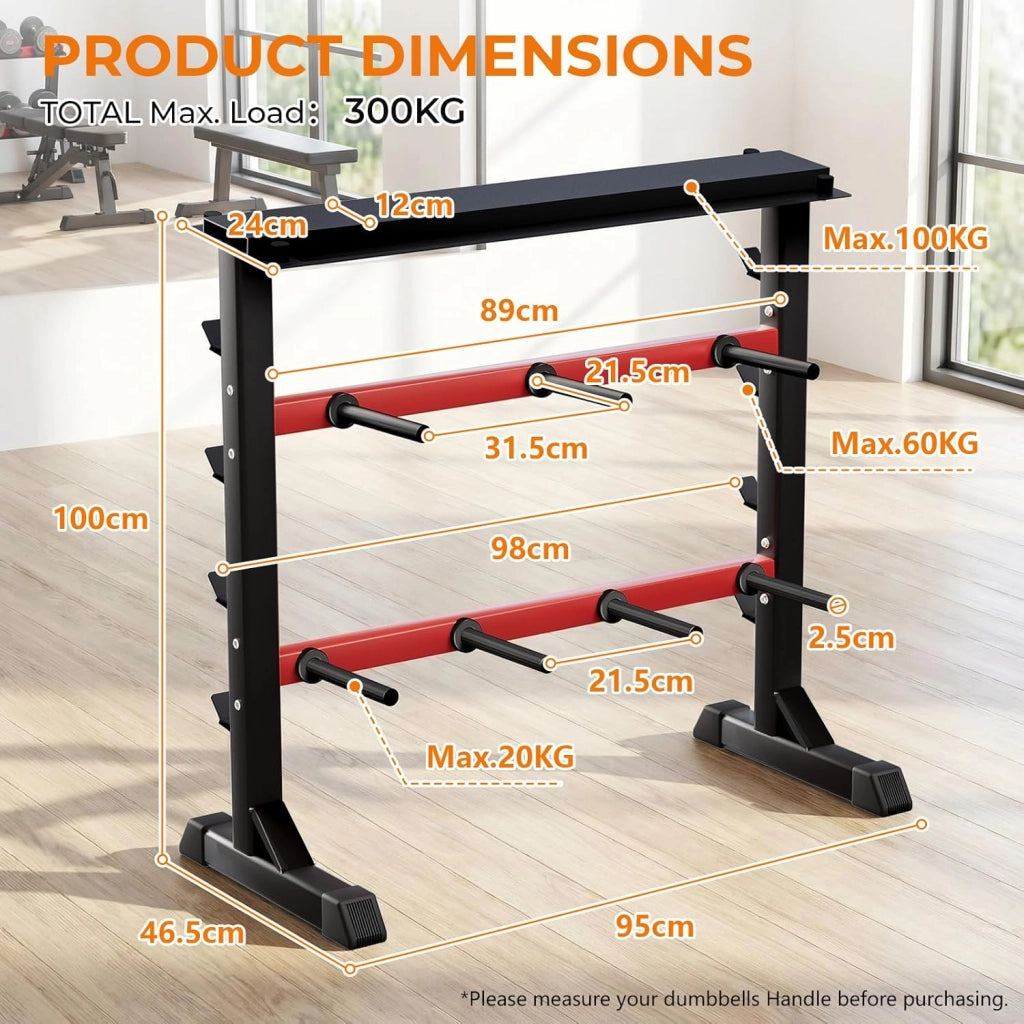 Supporto per manubri, supporto per bilancieri a 3 livelli, in acciaio, supporto per bilanciere corto, per casa, palestra, per manubri, kettlebell, max. 300 kg, 96 x 47 x 100 c