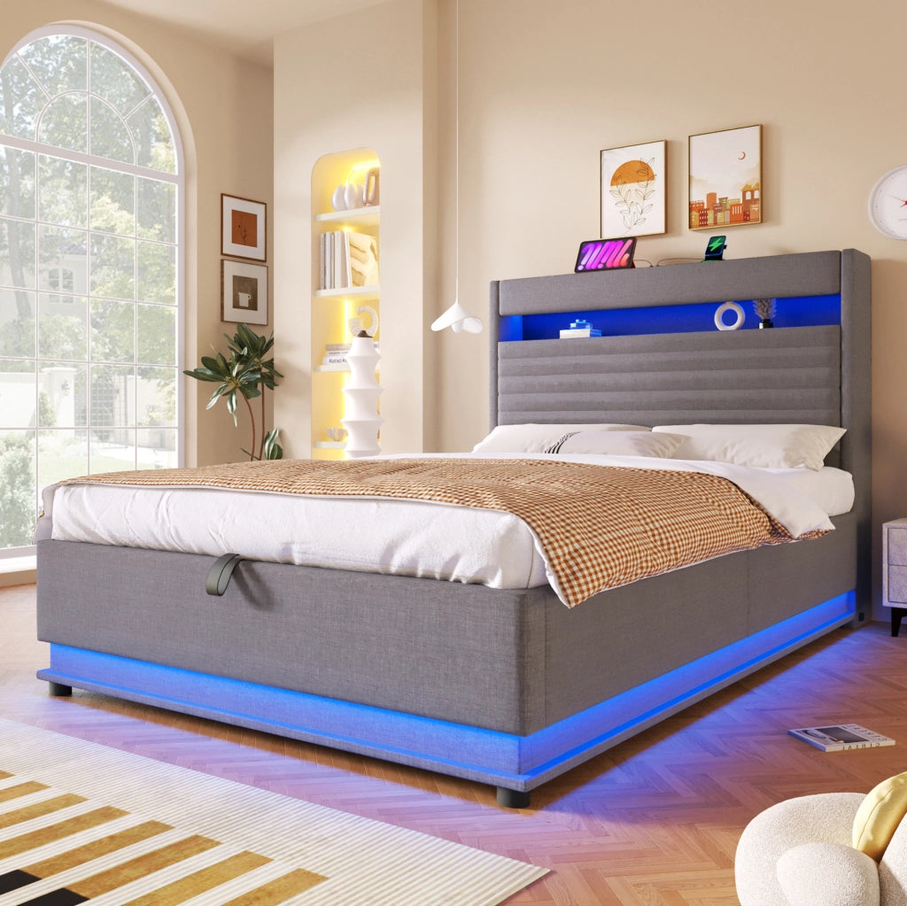 Letto imbottito 140x200 cm con LED, USB-C e vano contenitore
