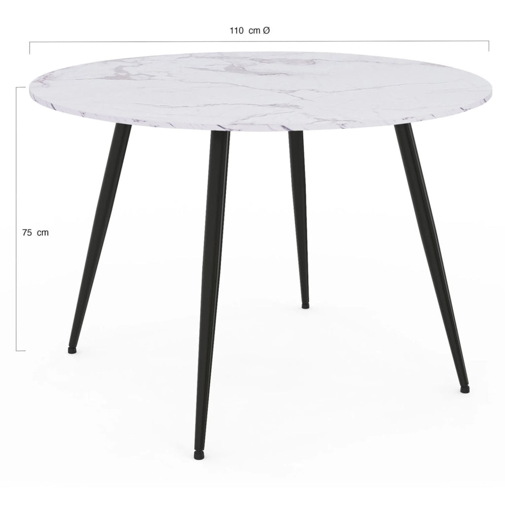 IDMarket - Tavolo da pranzo rotondo per 4 persone AMELIA con gambe in metallo nero effetto marmo bianco ALASKA 110 cm