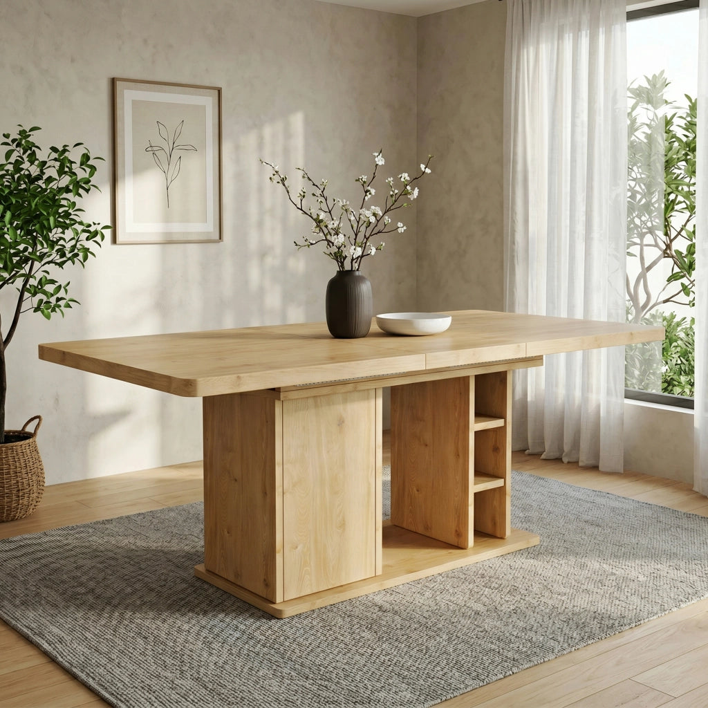 Tavolo da pranzo - estraibile 140/180x80 cm - con vano - per 6-8 persone - stile scandinavo - rovere