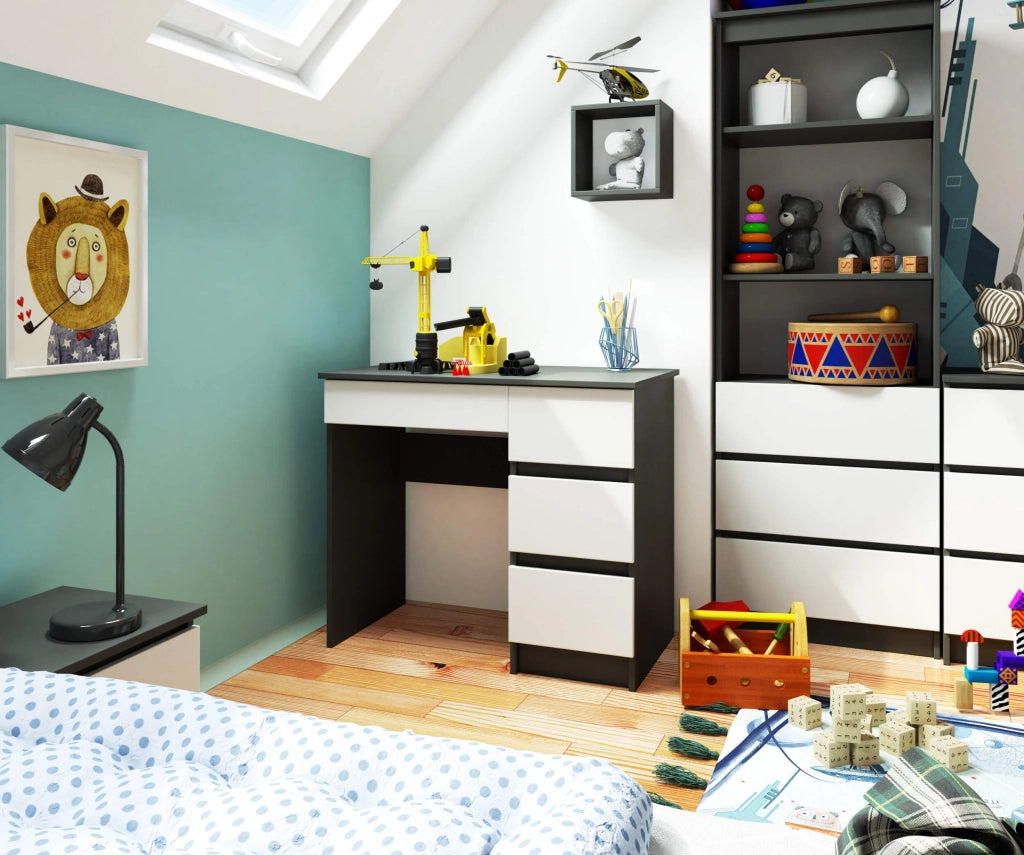 Scrivania per computer AKORD A7 Grigio Grafite 90 cm 4 cassetti inserto frontale Bianco 90x50x77 cm Modello a destra