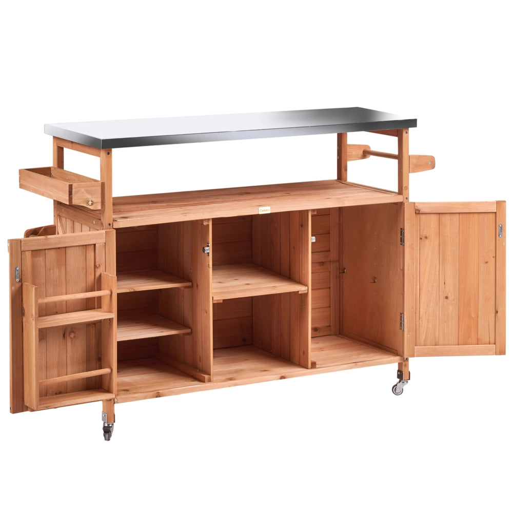 Cucina da esterno a isola in legno di abete marrone 2 ante, ripiani aperti, piano in acciaio 128 x 47 x 85 cm Cucina da giardino con ruote