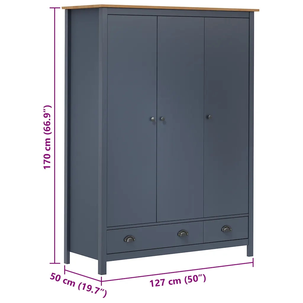 Armadio a 3 Ante Hill Grigio 127x50x170 cm in Legno di Pino cod mxl 68600