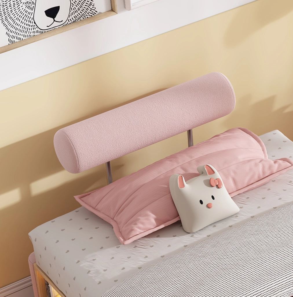Letto imbottito per bambini 90x200 cm con ripiano laterale LED; velluto rosa