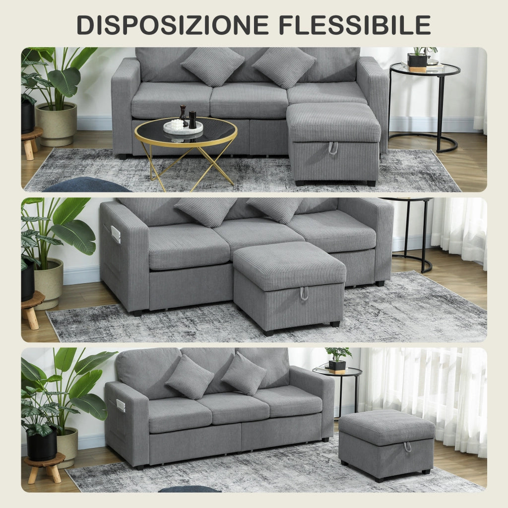 Divano 3 Posti Modulare con Pouf Contenitore 196x139x85 cm in Velluto a Coste Grigio Chiaro