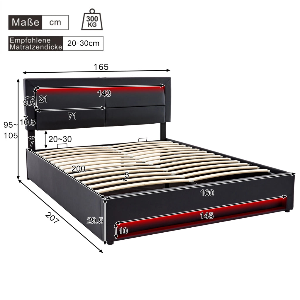 Letto imbottito nero 160 x 200 cm con USB, LED e vano contenitore