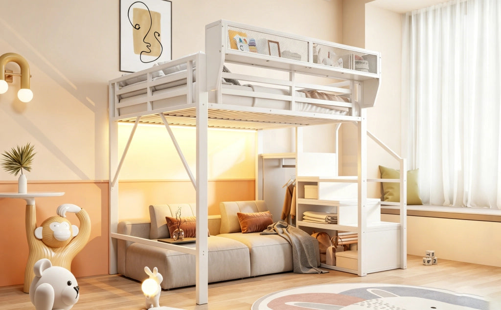 LETTO a soppalco 140x200 cm in metallo bianco con LED