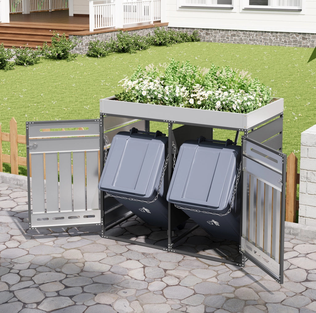 Box portapattumiere da esterno doppia in ferro nero con fioriera e serrature; 131x79x120 cm