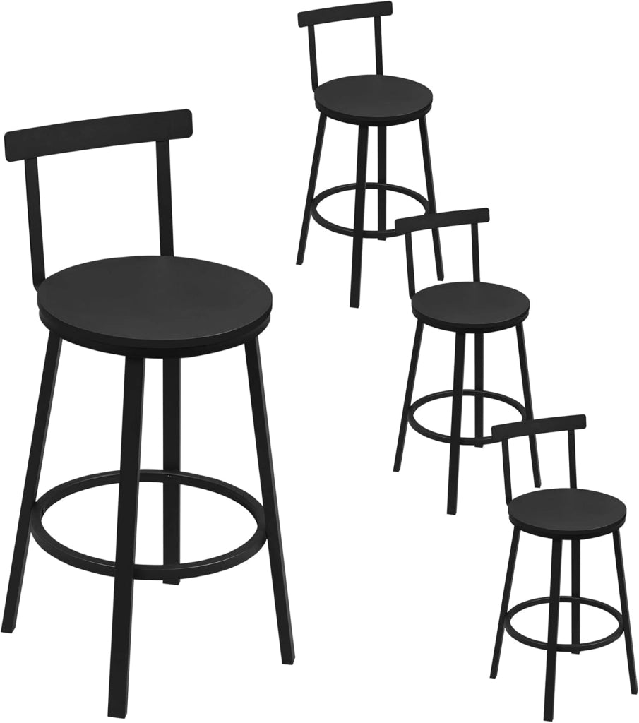 Sgabelli Cucina Set di 4, Sgabelli da Bar per Colazione, con Poggiapiedi e Schienale, Struttura in Metallo, Nero