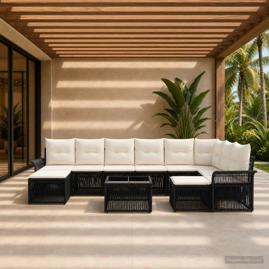 Set Divano da Giardino 10 pz Nero e Bianco Crema polyrattan 3435019
