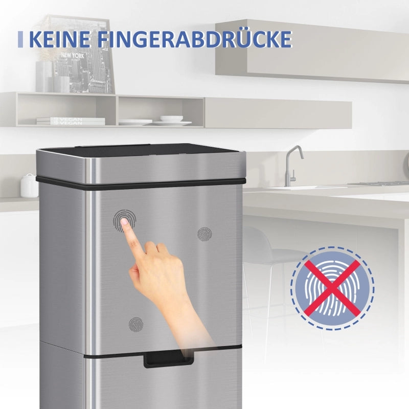 CONTENITORE RIFIUTI 72 L con sensore, 3 scomparti, acciaio inox, argento