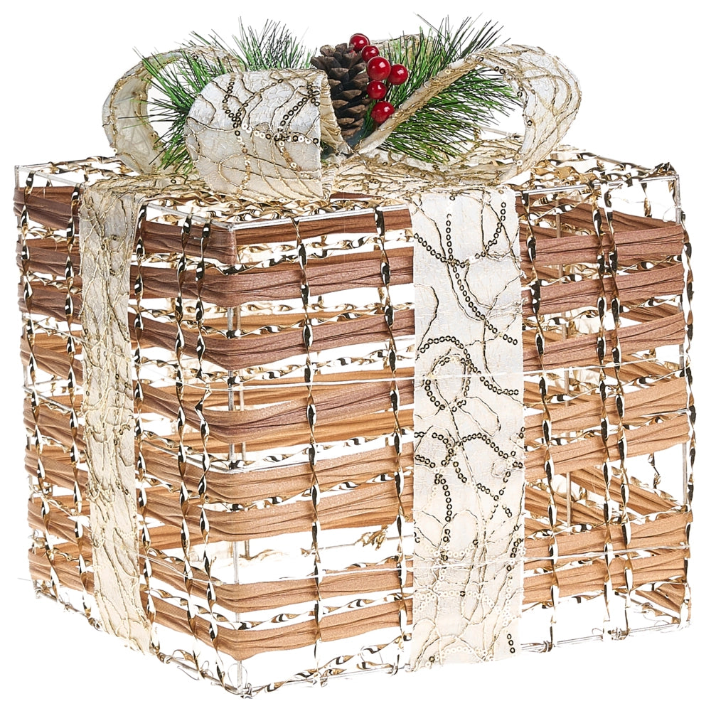 Set di 3 scatole regalo decorative natalizie con luci LED bianche calde Fiocchi Decorazioni natalizie per interni Marrone