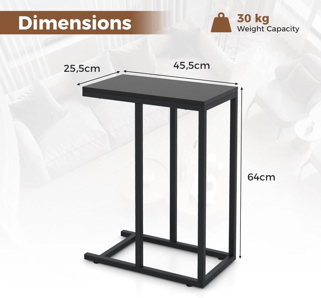 Tavolino a forma di C, tavolino da caffè per piccoli spazi, tavolo per laptop industriale, in legno e metallo, 45,5 x 25,5 x 64 cm (nero)