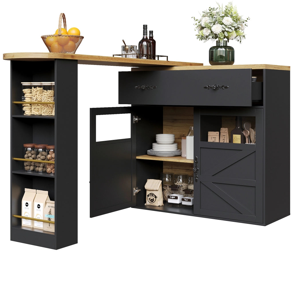 Tavolo Bar Estensibile con 1 Cassetto; 3 Ripiani e Piano Girevole a 360°; per Cucina in MDF; Nero; 138-204 x 39 x 104 cm