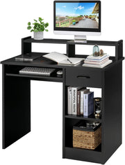 Scrivania per Computer, Tavolo da Lavoro con Supporto per Monitor, Tavolo da Ufficio Moderno con Cassetto e Ripiani, Scrivania per Computer con Spazio (Nero)