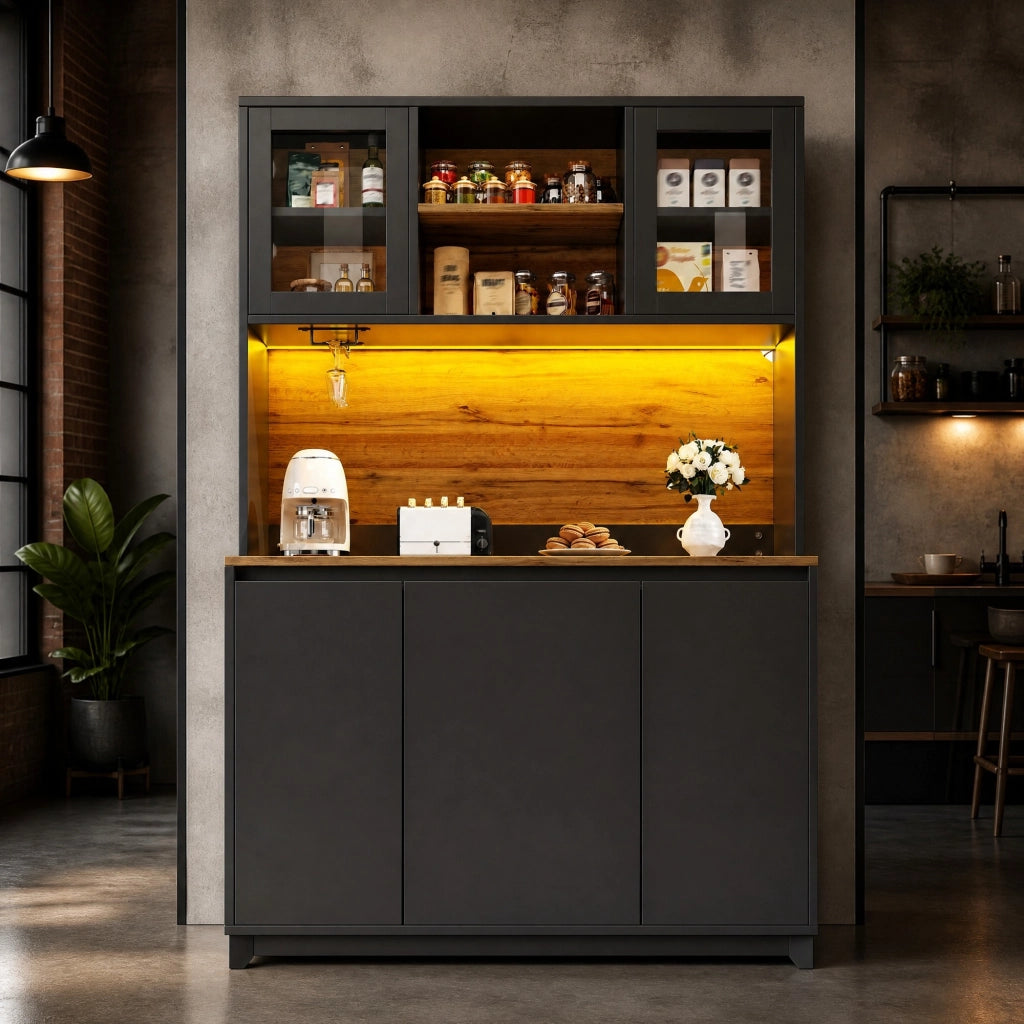 Mobile da cucina nero con LED, ante acriliche e vano rifiuti