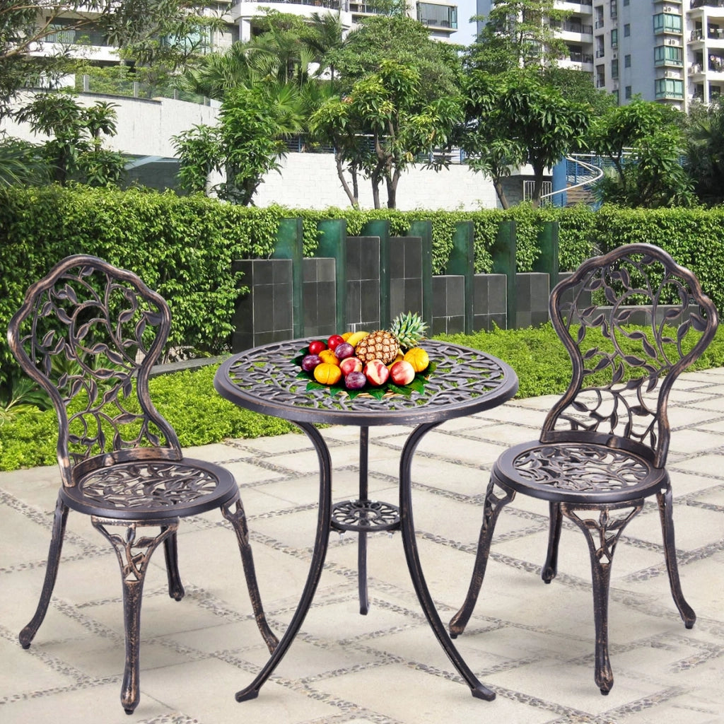 Set tavolo e 2 sedie da giardino, Tavolo e sedie esterno da caff¨¨ in metallo Bronzo-Set mobili da esterno