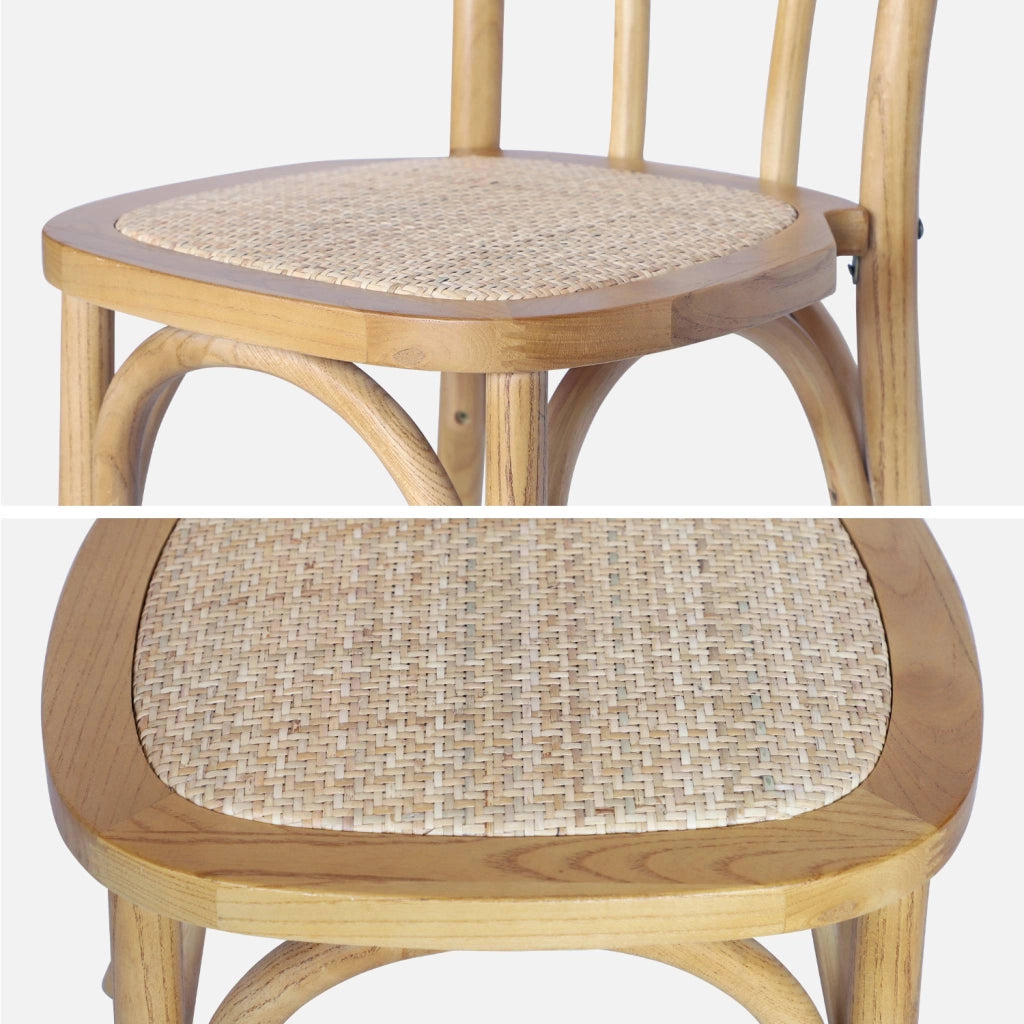 Set di 4 sedie vintage in legno e rattan, marrone naturale