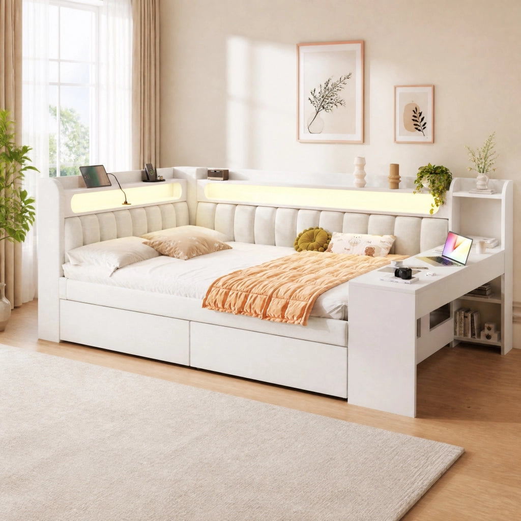 LETTO GIORNO 140x200 cm Bianco con scrivania, 2 cassetti, USB e LED