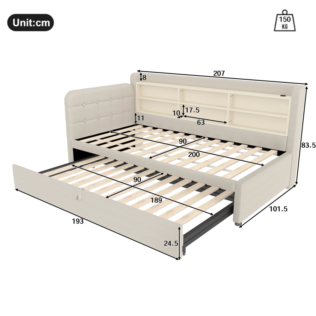 Letto estraibile 90x200 cm con USB/Type-C e ripiani beige
