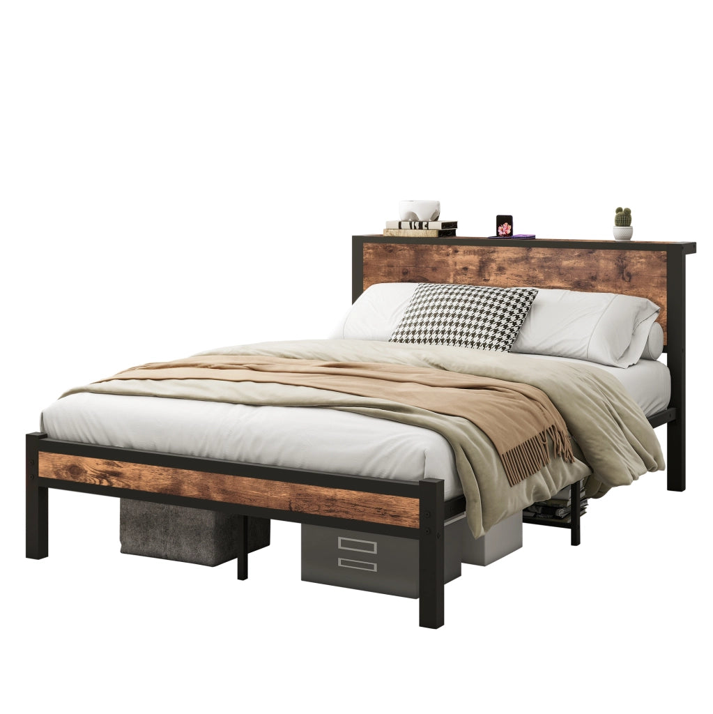 Letto matrimoniale 140x200 cm in metallo e MDF con contenitore