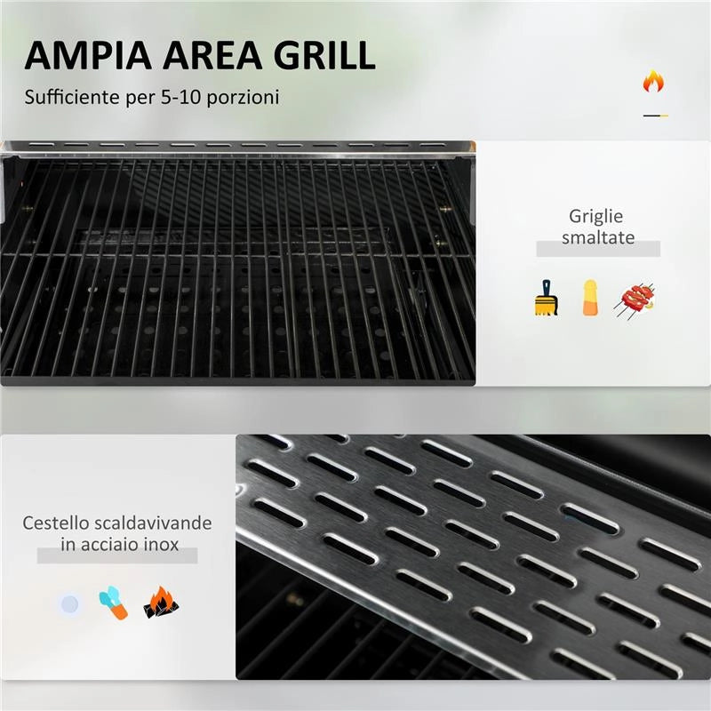 BARBECUE A CARBONE CON COPERCHIO CON TERMOMETRO, GRIGLIA REGOLABILE, RUOTE E TAVOLINI, NERO