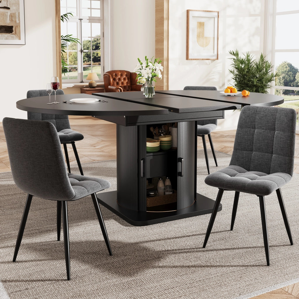 Tavolo da pranzo estensibile a 4 modalità con spazio contenitivo; per cucina e soggiorno; in MDF nero; 118 × 118 × 76 cm