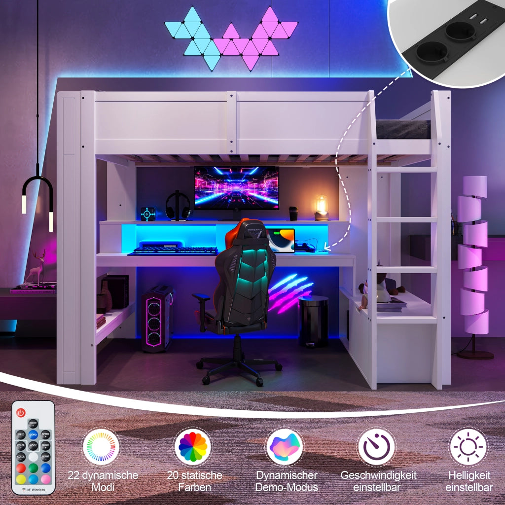 Hochbett bianco in pino con scrivania led e cassetti 90x200 cm