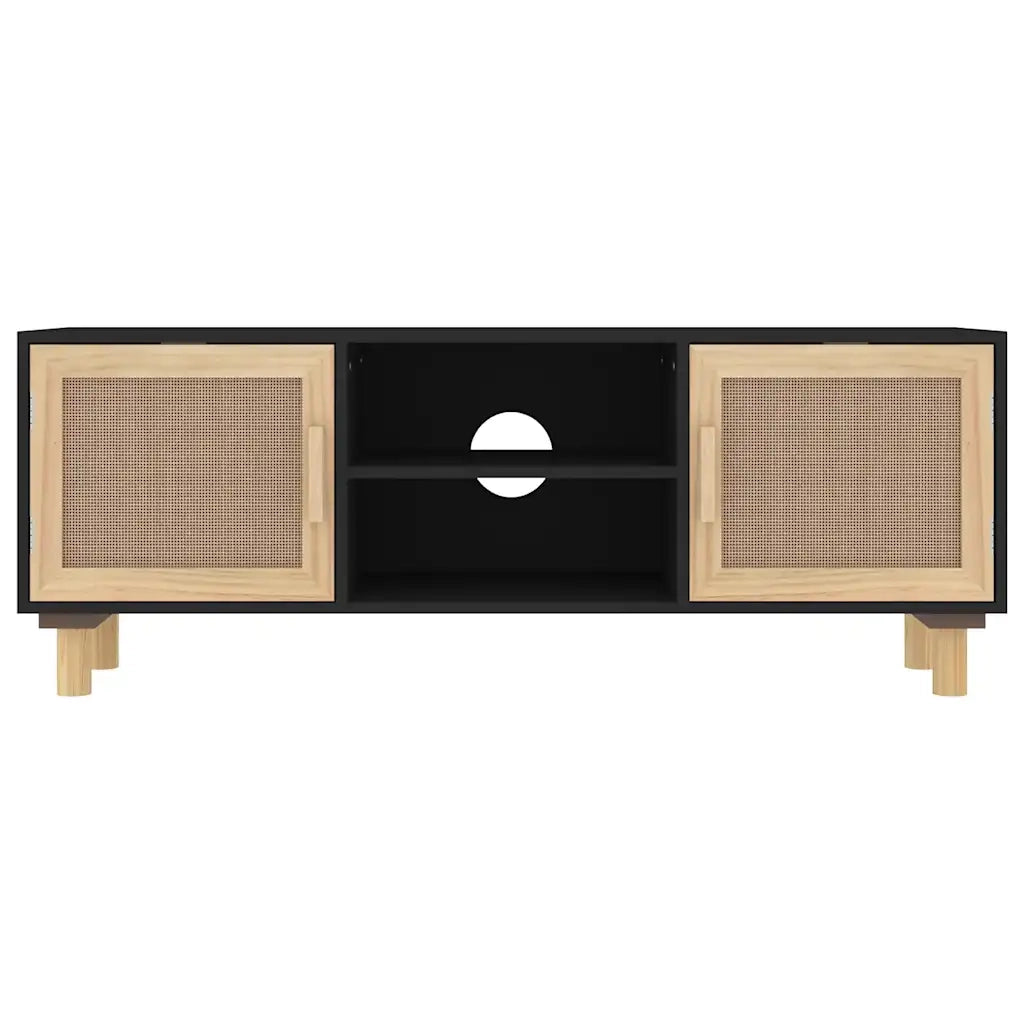 Mobile TV Nero 105x30x40 cm Massello Pino e Rattan Naturale cod mxl 18646