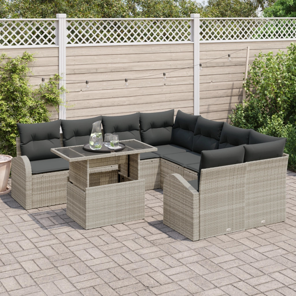 Set di Divani da Giardino da 9 Pezzi con Cuscini in Polyrattan Grigio Chiaro