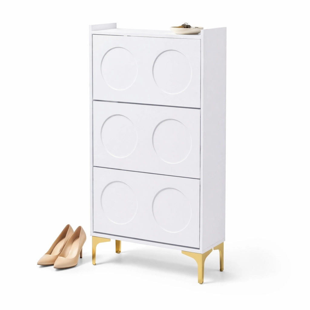 Scarpiera verticale a 3 livelli in MDF bianco con gambe in metallo dorato