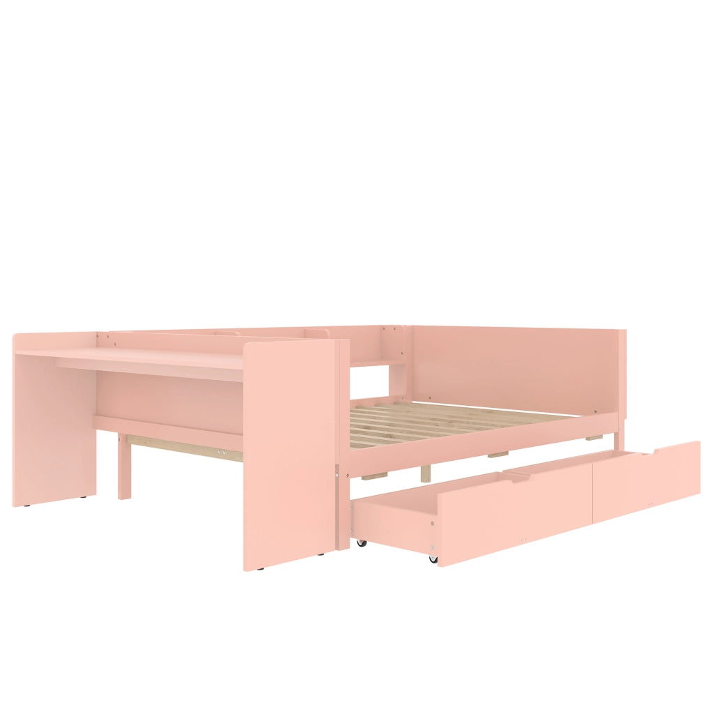 Letto 140x200 cm con scrivania; cassetti e ripiani in legno rosa