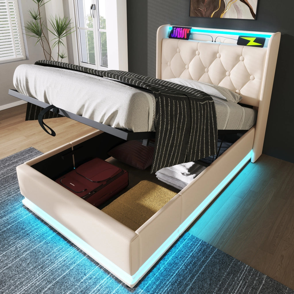 Letti contenitori 90x200 cm LED 360°; USB Tipo-C; PU bianco (Senza materasso)