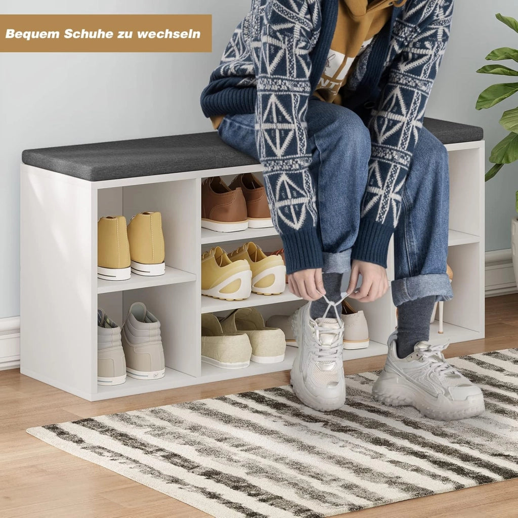 Panca Scarpiera da Ingresso, Scaffale Porta Scarpe a 7 Scomparti con Seduta Imbottita, Mobile da Ingresso Salvaspazio in Legno, Bianco e Grigio, 103,5x30x48 cm