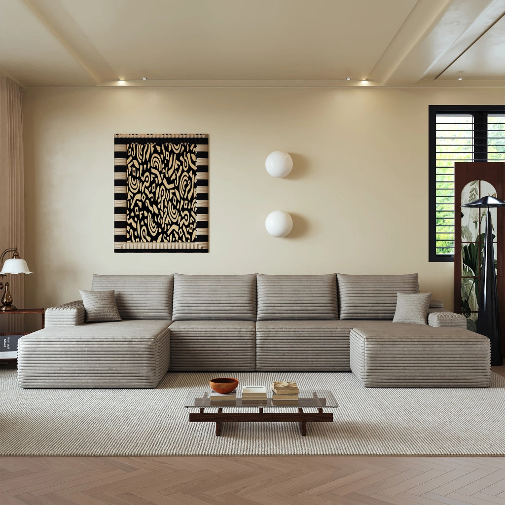 Divano angolare modulare con chaise longue, schiuma ad alta elasticità, in tessuto a coste camel 270 × 175 × 83 cm