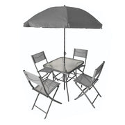 Trade Shop - Set Giardino Sharm Tavolo Con Ripiano Vetro 70x70cm 4 Sedie Pieghevoli Ombrellone Parasole - Grigio
