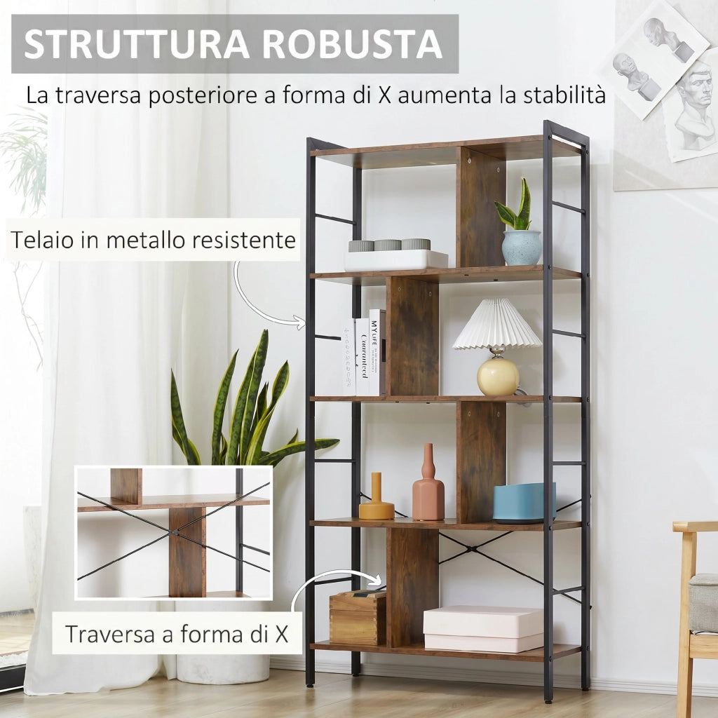 Libreria Industriale 77x30x157,5 cm a 5 Ripiani con Scomparti Aperti in Laminato e Acciaio Marrone Rustico e Nero