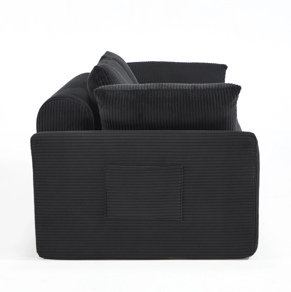 Divano senza struttura compatto in tessuto nero; 67 x 45 x 67 cm; con schienale alto e tasche laterali