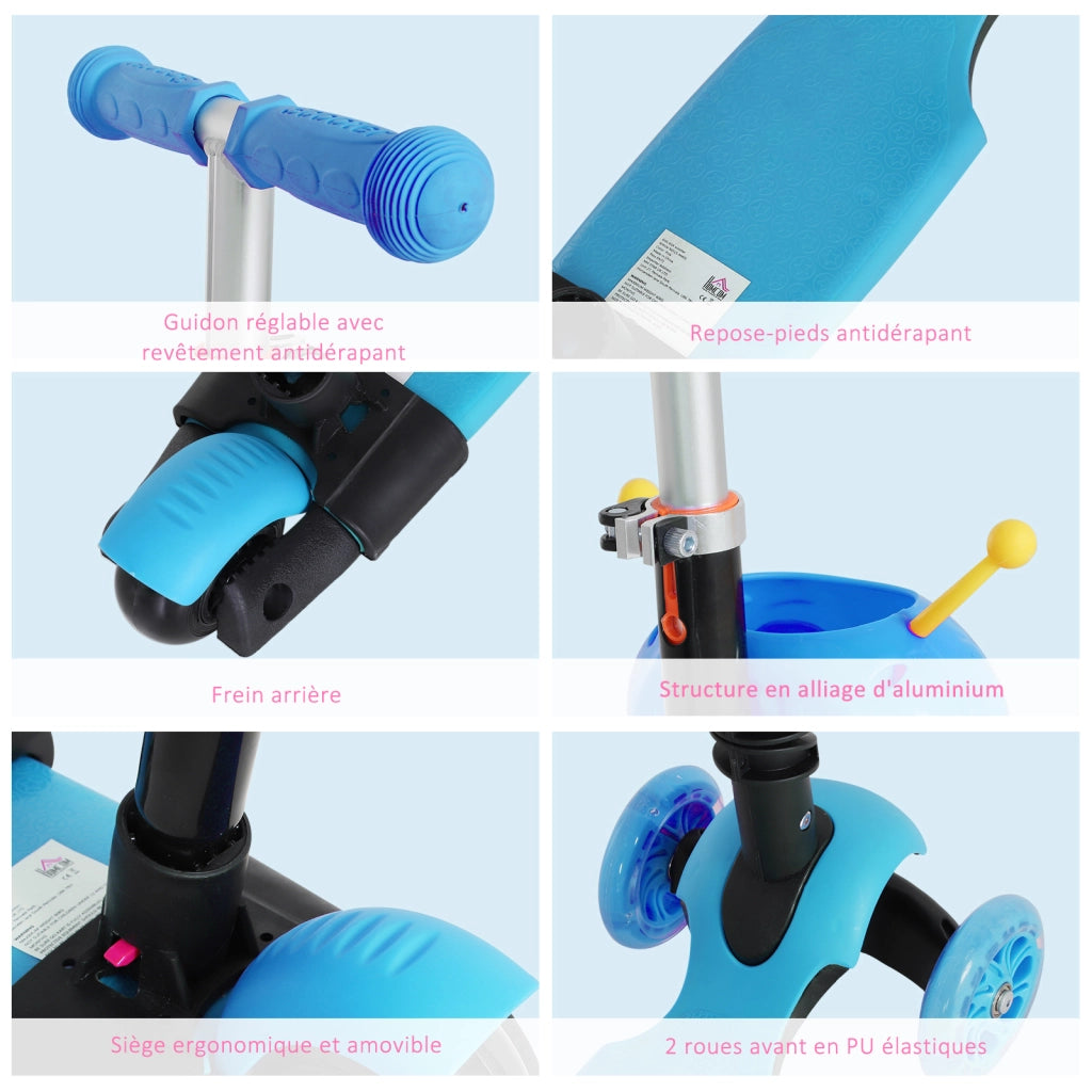Monopattino 3 Ruote per Bambini ¨C Xylo ¨C 5 in 1 Evolutivo Regolabile con Sedile Rimovibile Blu
