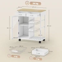 Carrello da Cucina in Bambù con 2 Cassetti, Armadietto, Ripiano e 2 Cestini in Acciaio, 67x35x80 cm, Bianco