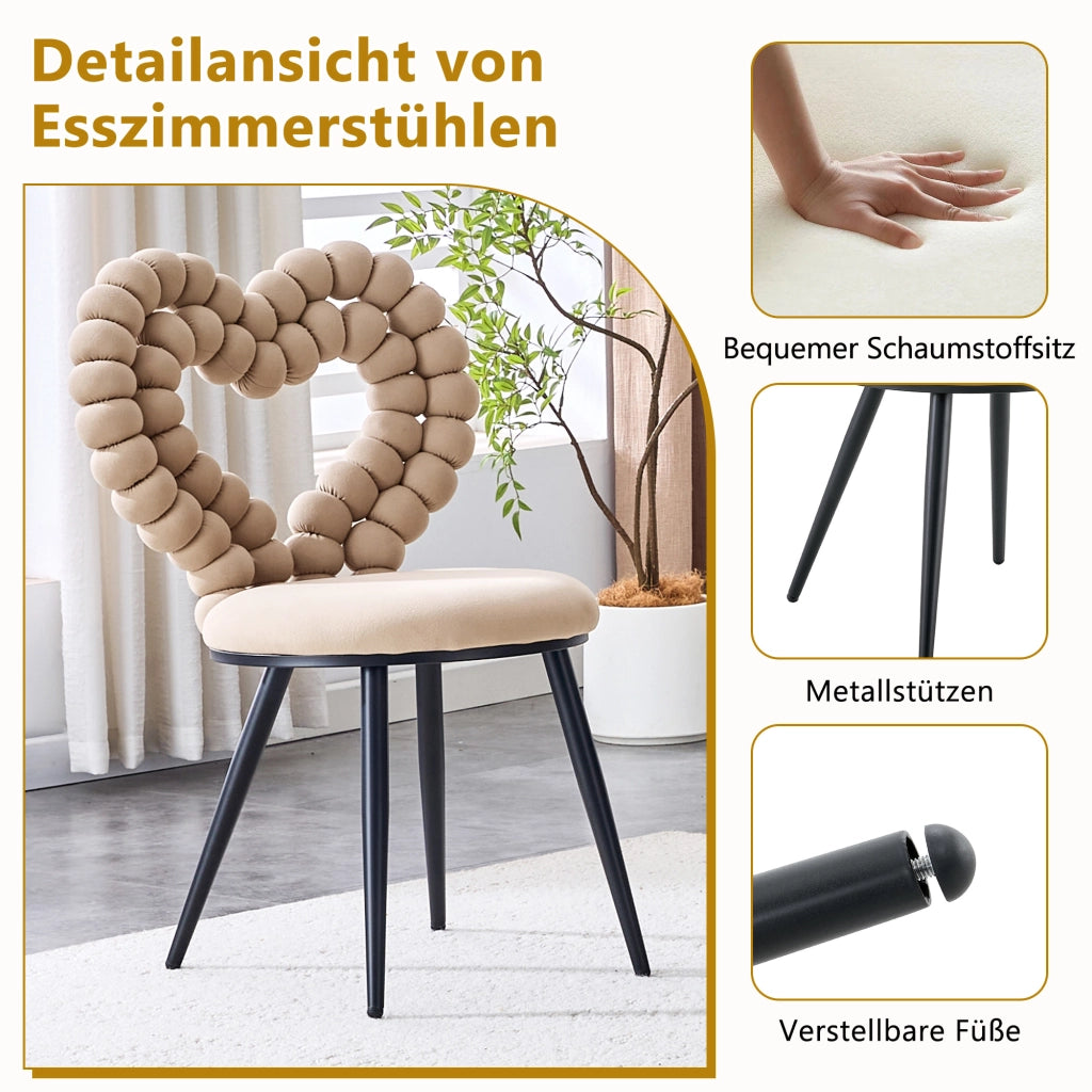 Chaise da pranzo in velluto set da 2 con schienale a cuori e gambe in metallo nero per sala da pranzo camel