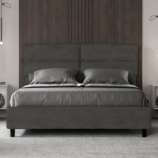 Letto Matrimoniale 160x210 cm con Rete e Contenitore con Testata e Alzata Comoda Imbottito in Microfibra Nandy Grigio
